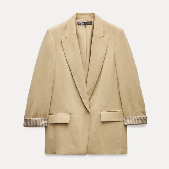 ZARA Khaki Blazer with Rolled-Up Sleeves Size Medium - Picture 1 of 6